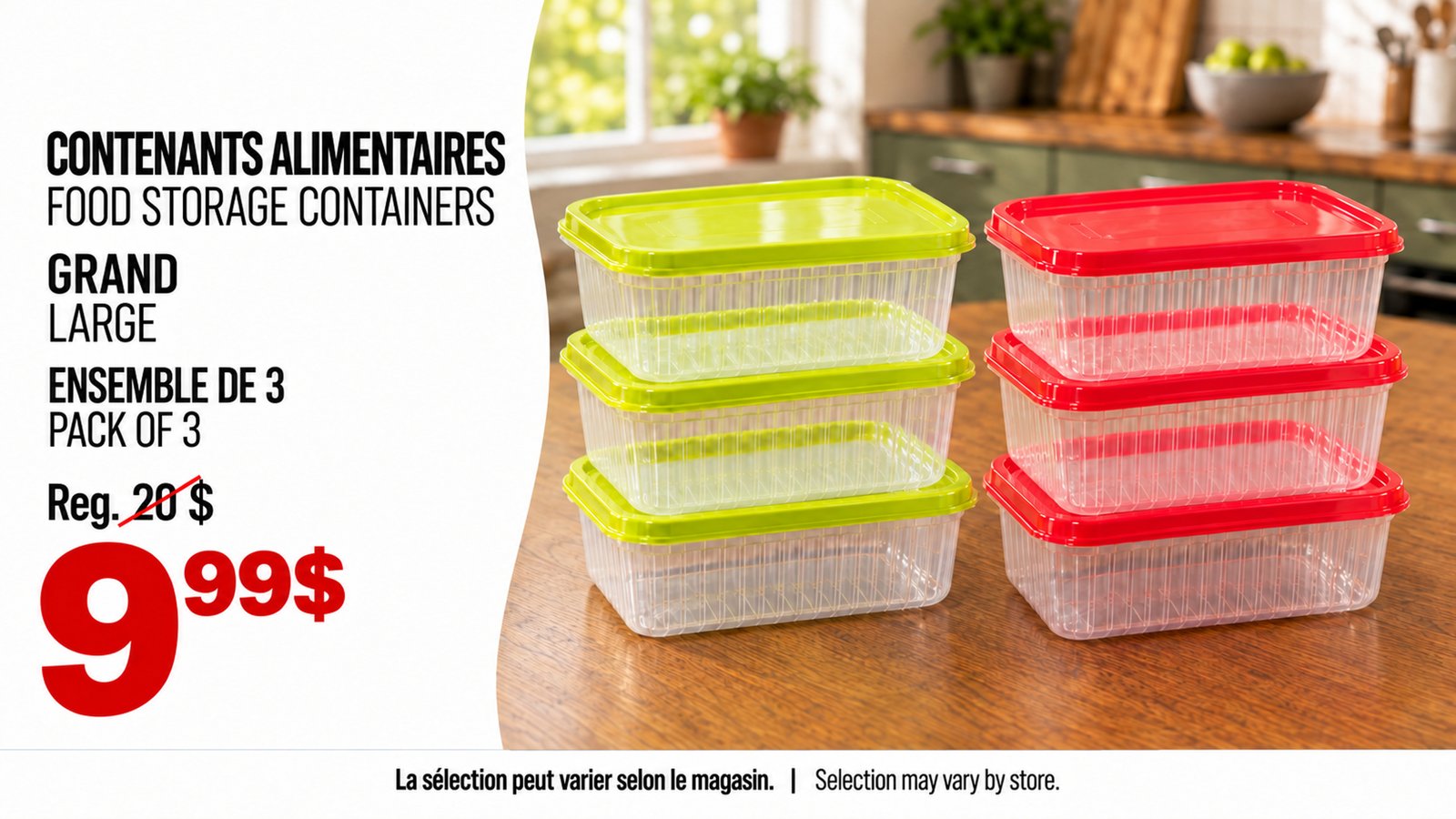 Grands contenants alimentaires, ensemble de 3, 9,99 $