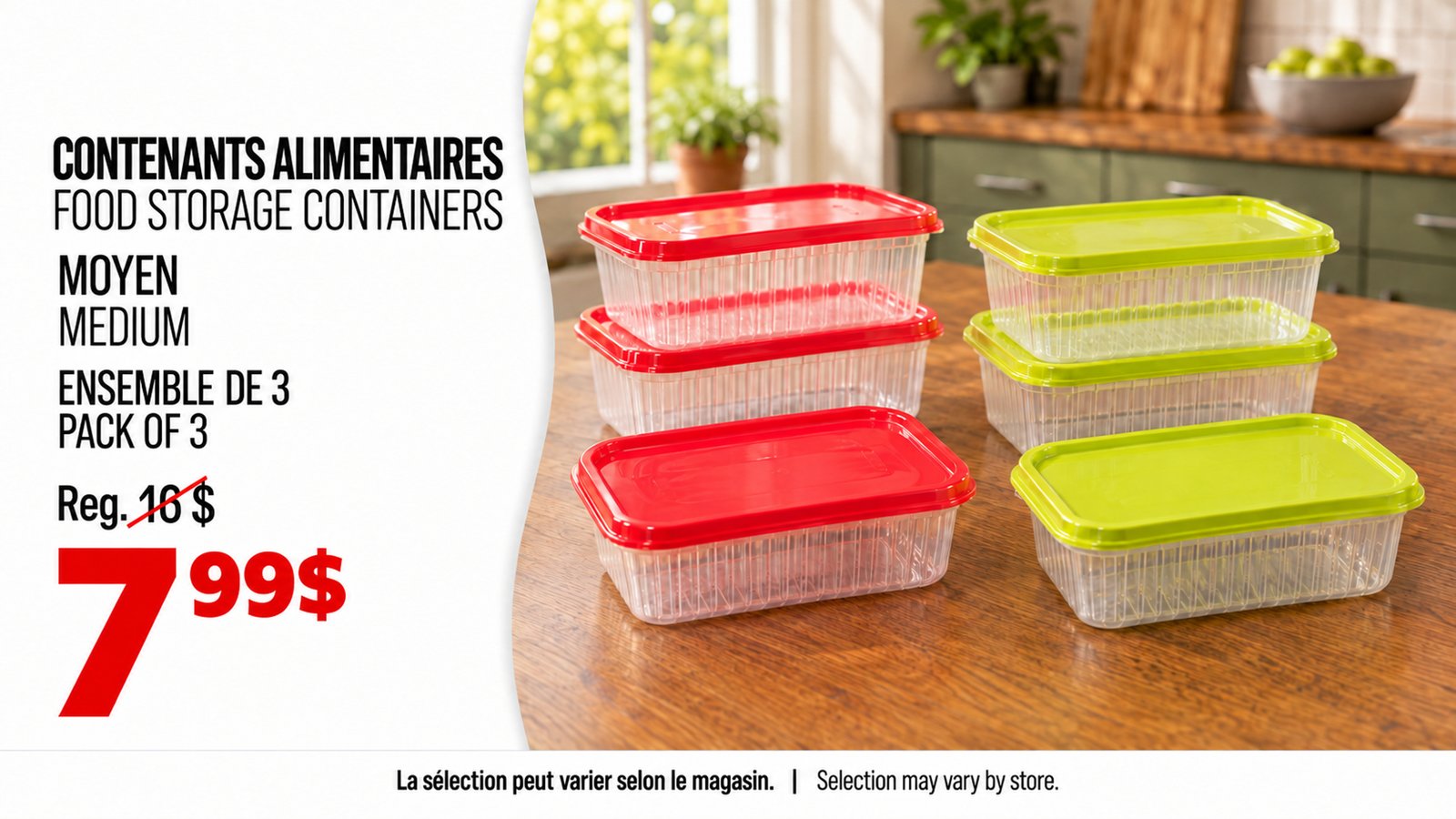 Contenants alimentaires moyens, ensemble de 3, 7,99 $