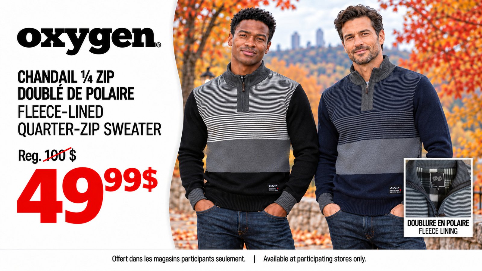 Chandail OXYGEN à quart de glissière doublé de polaire à 49,99 $