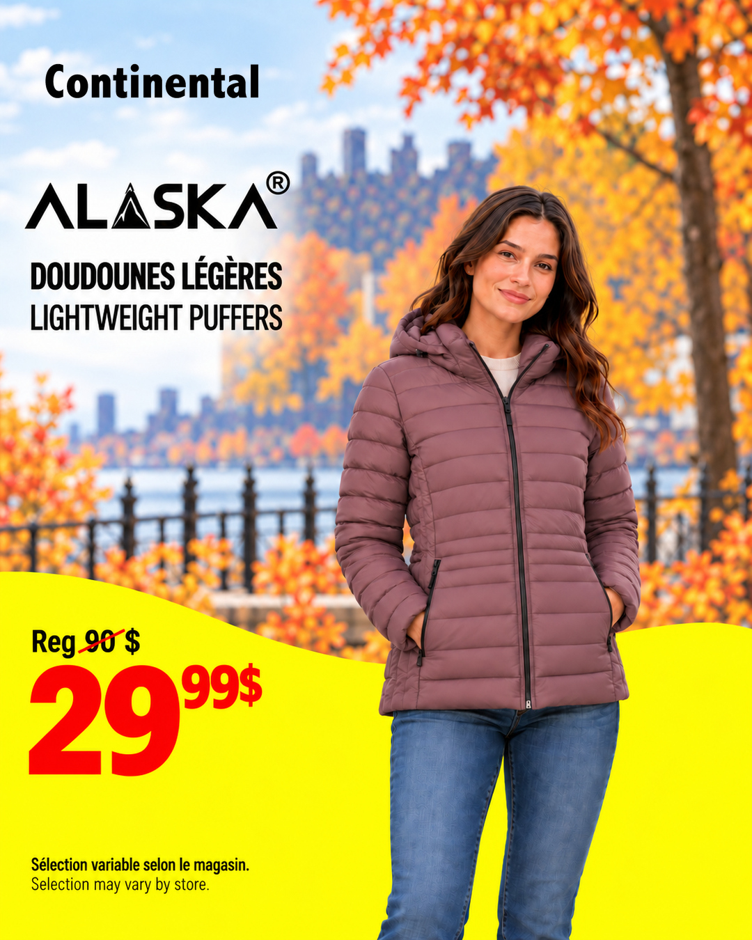 Publicación oficial de Continental con una mujer que lleva una chaqueta acolchada ligera ALASKA color lavanda a 29,99 $ en lugar de 90 $