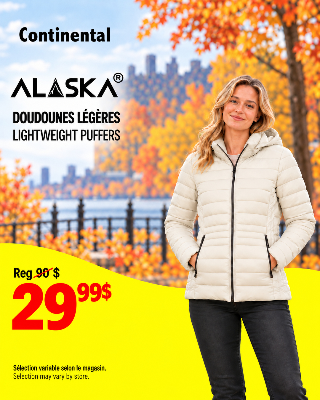 Woman wearing an off-white ALASKA lightweight puffer for $29.99 instead of $90 in the official Continental post
