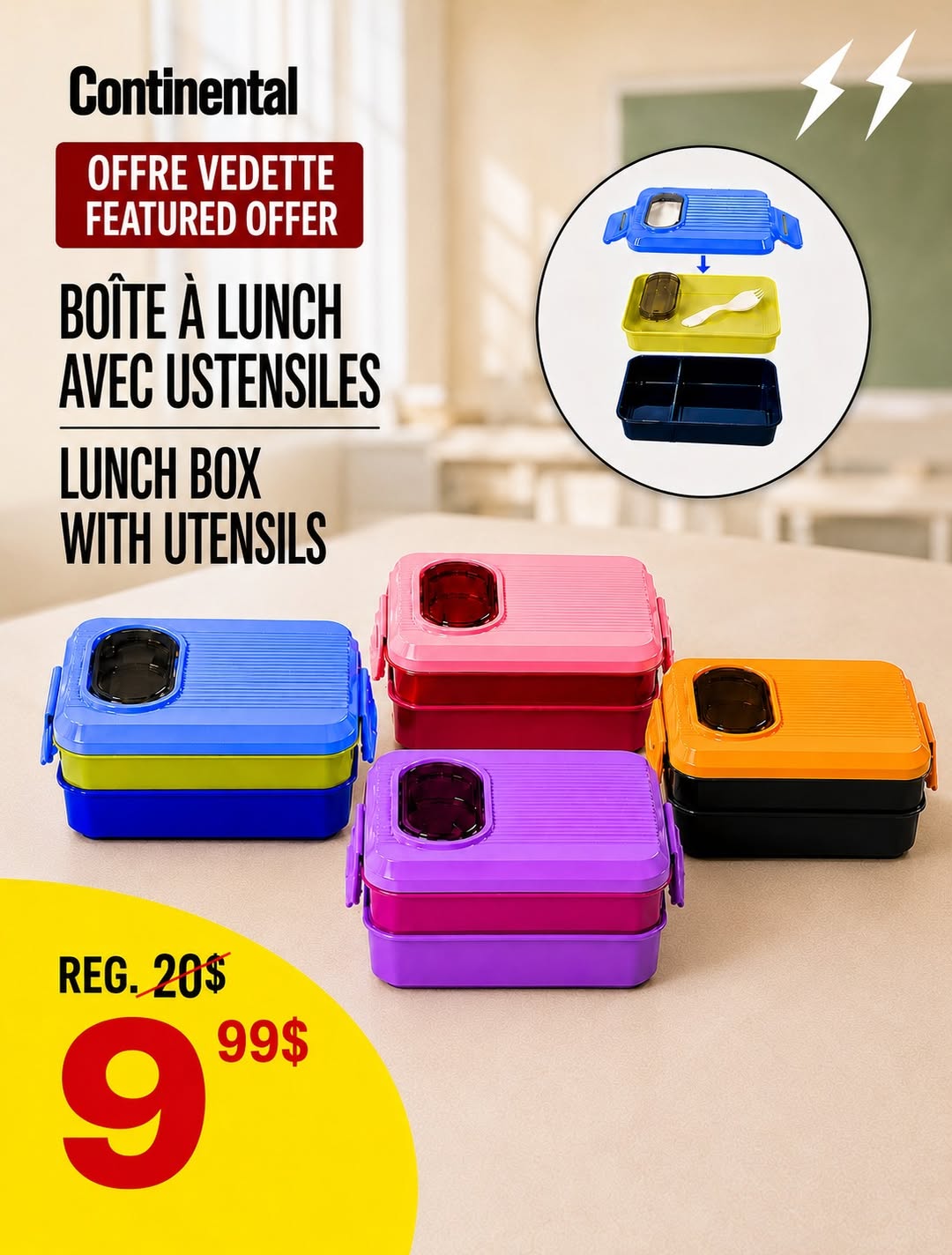 Publication officielle Continental présentant des boîtes à lunch colorées avec ustensiles intégrés et compartiments à 9,99 $ plutôt que 20 $