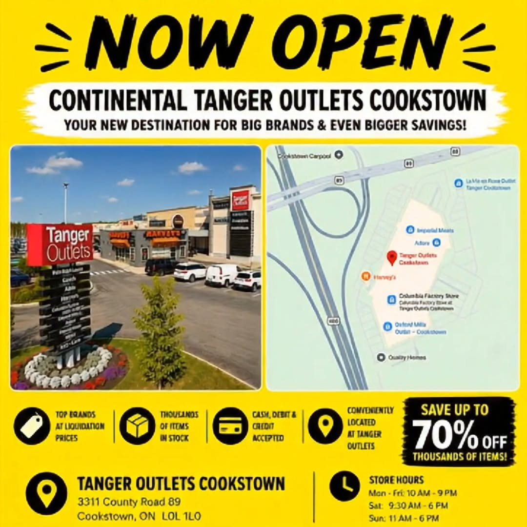 Publication officielle Continental annonçant l’ouverture à Tanger Outlets Cookstown, avec l’adresse, les heures et jusqu’à 70 % de rabais