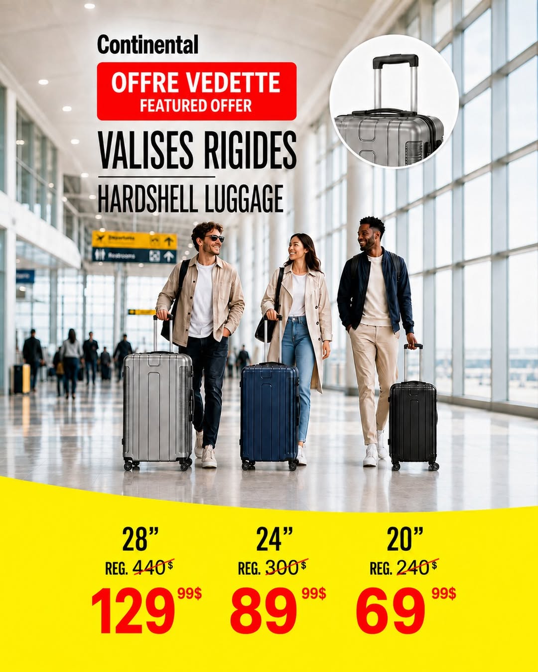 Pubblicazione ufficiale Continental con valigie rigide da 20, 24 e 28 pollici a 69,99 $, 89,99 $ e 129,99 $