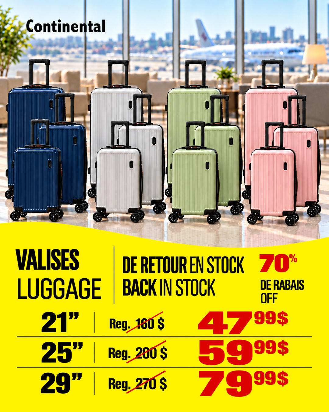 Valises Continental bleu marine, argent, vert pomme et roses de 21, 25 et 29 pouces à 47,99 $, 59,99 $ et 79,99 $