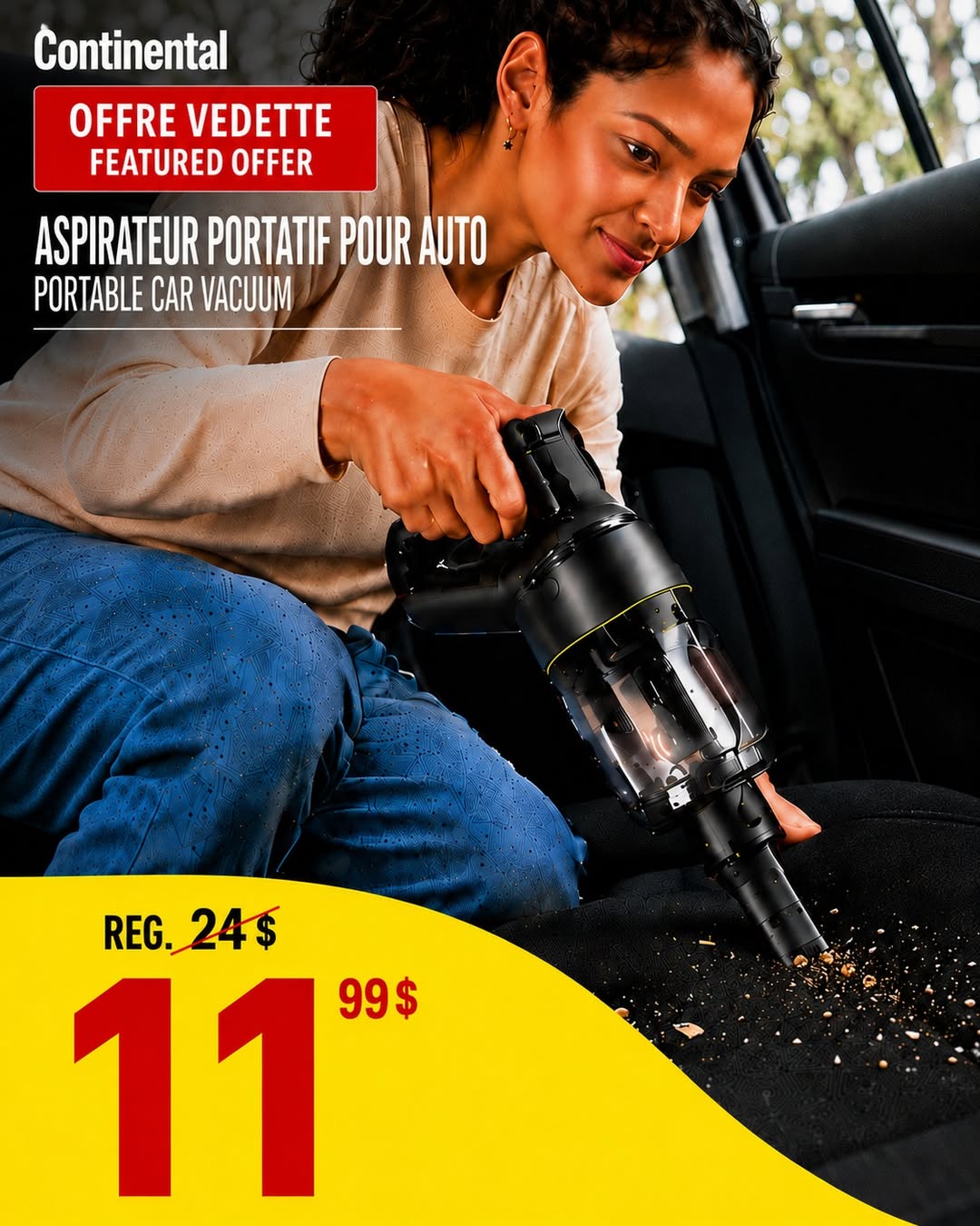 Publication officielle Continental présentant un aspirateur portatif pour auto à 11,99 $ plutôt que 24 $
