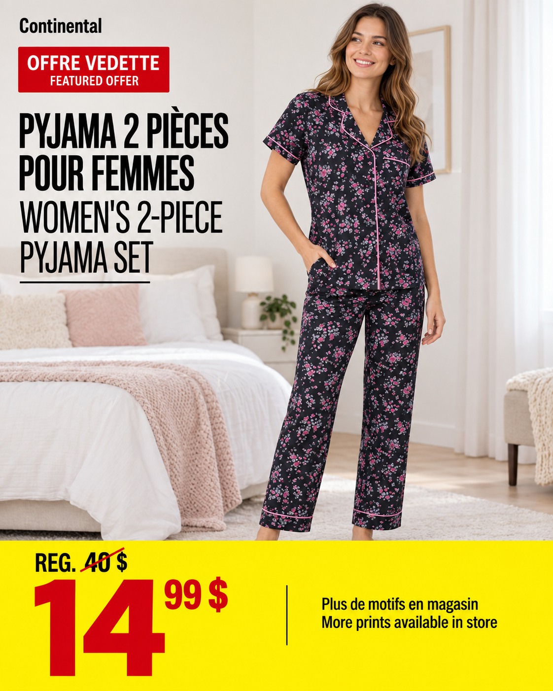 Photo officielle Continental d’un pyjama deux pièces pour femmes à motif floral, à 14,99 $ au lieu de 40 $; plus de motifs en magasin