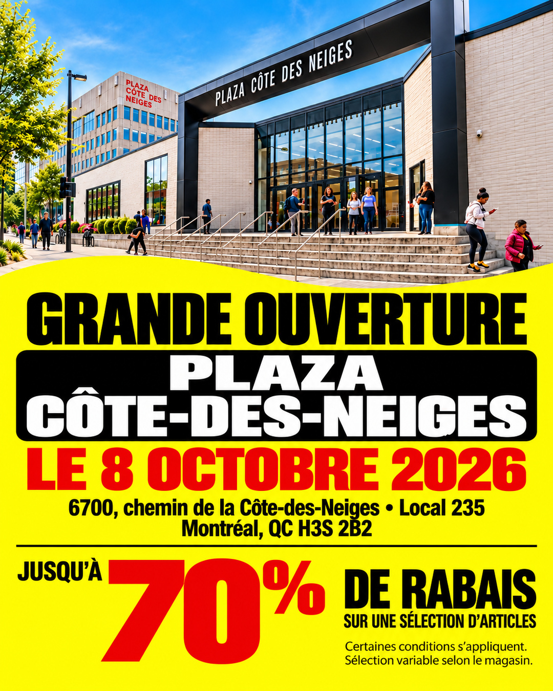 Publication officielle annonçant la grande ouverture de Continental à Plaza Côte-des-Neiges le 8 octobre 2026, au 6700, chemin de la Côte-des-Neiges, local 235, avec jusqu’à 70 % de rabais.